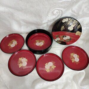 Vintage Japanese Round Lacquer Box with 6 Coasters